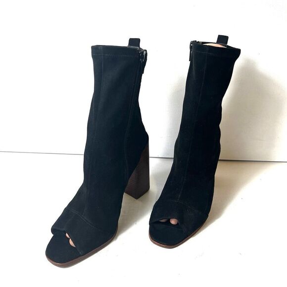 Aldo Women's Size 8 Black Suede Ultra High Heels Peep Toe Mid Calf Zip Up Bootie - Picture 3 of 10